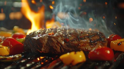 Sizzling grilled steak served with colorful vegetables, perfect for outdoor meals or dinner parties