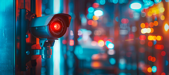Security Camera. Surveillance Technology. A security camera in focus with a blurred background of a tech environment