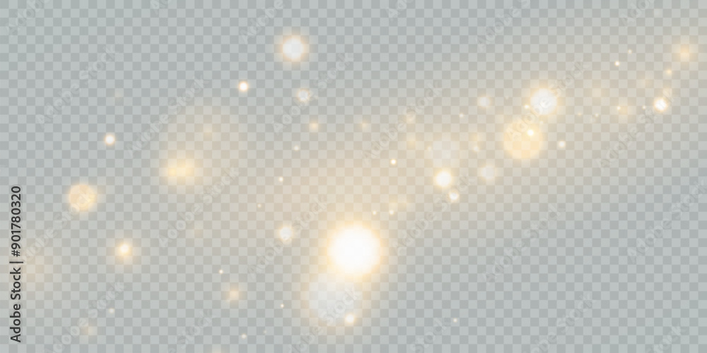 Poster sparkling christmas gold particles of bright bokeh, glowing bokeh lights and glitter isolated on tra