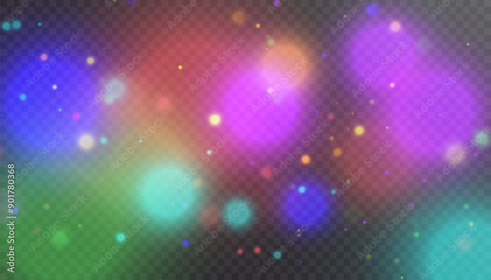 Poster Sparkling glare light effects with colorful shimmer. Beautiful lens flare effect with bokeh, glittery particles and rays. Shining abstract background. Vector illustration