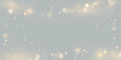 Glowing golden dust bokeh with reflections. Christmas glowing bokeh and glitter overlay texture for your design on transparent background. Golden particles abstract vector background.