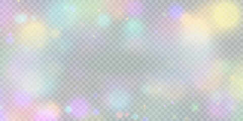 Sparkling glare light effects with colorful shimmer. Beautiful lens flare effect with bokeh, glittery particles and rays. Shining abstract background. Vector illustration