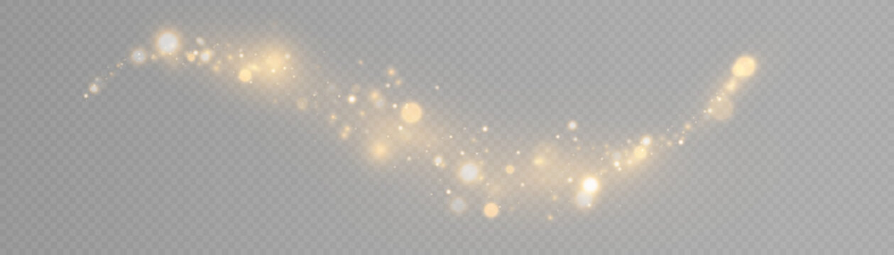 Sparkling Christmas gold particles of bright bokeh, glowing bokeh lights and glitter isolated on transparent background.