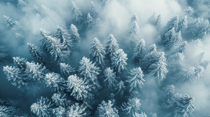 Obraz premium Winter Wonderland Aerial View of Snow-Covered Pine Trees in Early Morning Mist. Generative AI