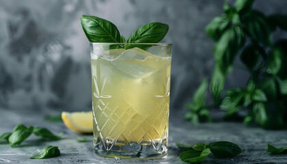 Fototapeta premium Alcoholic cocktail Basil smash with green basil, gin, sugar syrup, lemon juice and ice, black background
