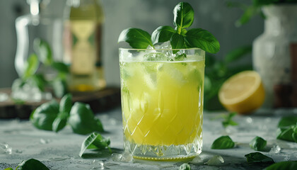 Fototapeta premium Alcoholic cocktail Basil smash with green basil, gin, sugar syrup, lemon juice and ice, black background