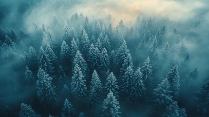 Obraz premium Misty Winter Landscape Featuring Lush Evergreen Trees Under Soft Morning Light in a Forest. Generative AI