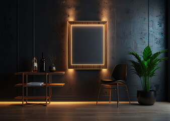 Black photo frame mockup stylish poster frame modern living room interior background,