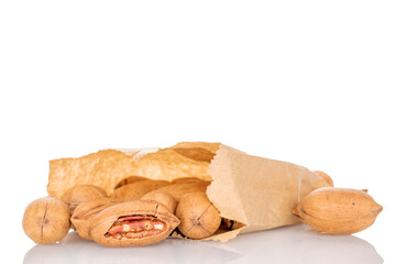 Several unshelled pecans with paper bag, macro, isolated on white background.