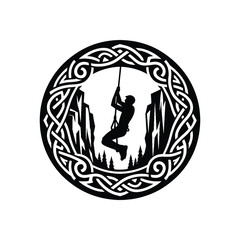 Canyon Swinging sport male player with celtic knot, nordic pattern illustration, emblem shield badge shield circle