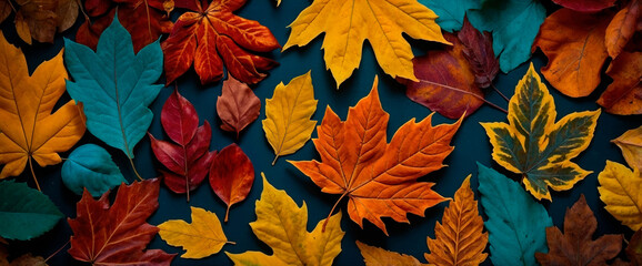 Vibrant fall season background with colorful orange, yellow, deep red, and teal, layered fallen leaves on dark background. Bright flat lay autumn header wallpaper design.