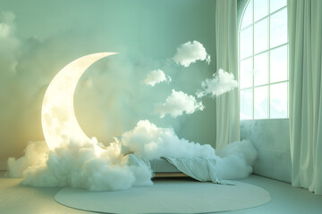 An indoor scene featuring a decorative half moon and clouds, set against elegant paneling