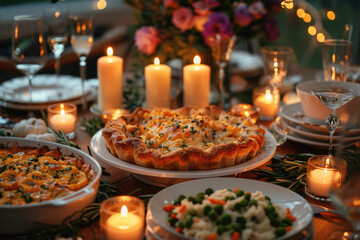 Naklejka premium Thanksgiving turkey dinner with holiday autumn decor and candles. Family dining room table set with delicious golden roasted turkey, mashed potatoes, stuffing, pumpkin pie and sides.