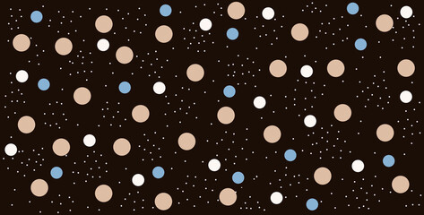 playful pattern featuring white, beige, and blue polka dots on a dark brown background. Ideal for fun, retro, and stylish designs.