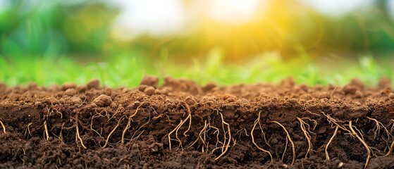 Closeup of soil layers with plant roots, soil science, natural foundation