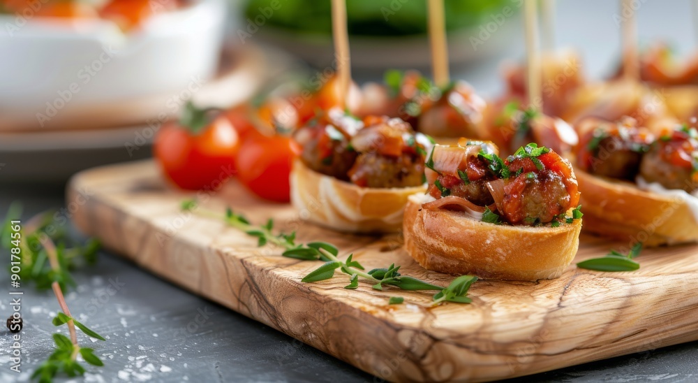 Wall mural sausage and tomato bites on a wooden cutting board