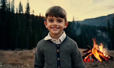 Medium shot portrait video of a pleased child male that is wearing a chic cardigan against a remote wilderness campground with a roaring campfire background