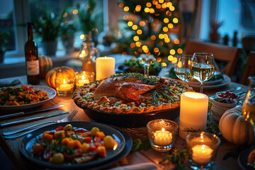 Naklejka premium Thanksgiving turkey dinner with holiday autumn decor and candles. Family dining room table set with delicious golden roasted turkey, mashed potatoes, stuffing, pumpkin pie and sides.