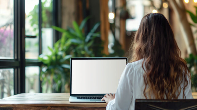  A woman sits in front of a laptop with a white screen displaying, illustrating a moment of project approval or successful completion of a task in a professional setting.