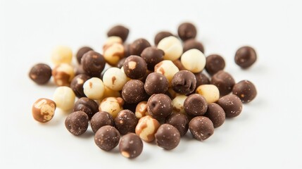 Obraz premium Chocolate and milk flavored corn snack on white backdrop