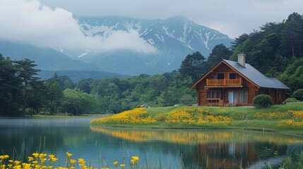 Peaceful scene of a wooden cabin reflecting in a lake with a mountain landscape in the background