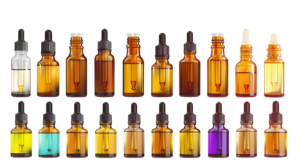 A colorful array of glass dropper bottles in various sizes and shapes, showcasing a spectrum of liquid contents.
