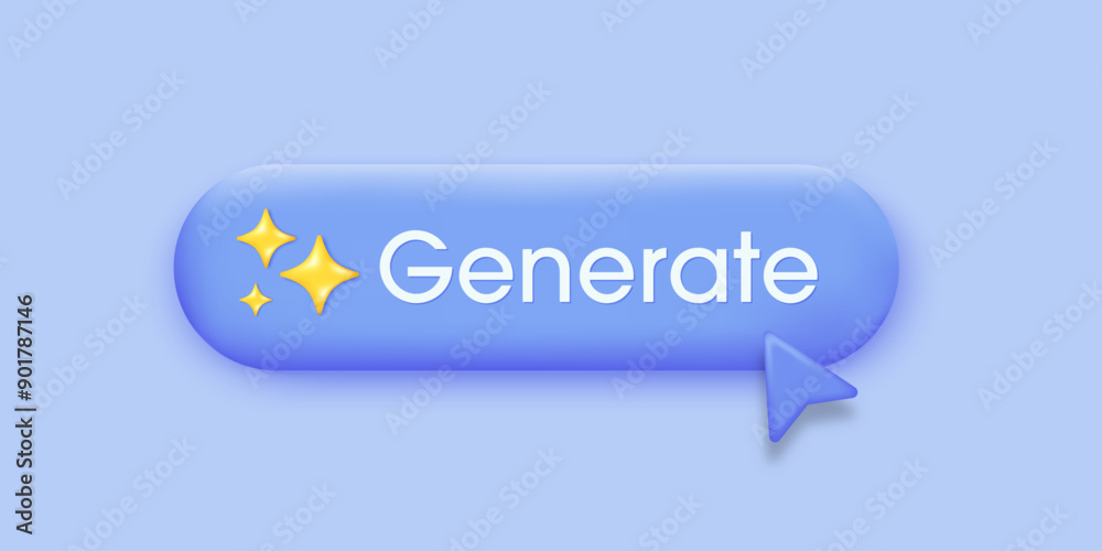 Poster 3D Generate AI button. AI stars icon. Artificial intelligence and Machine learning technology concept. A command prompt enters AI to generate ideas. 3D Vector Illustration.