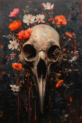 A bird skull adorned with a vibrant bouquet of flowers, a captivating interplay of life and death.