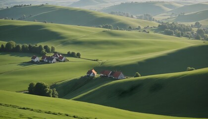 A rolling countryside with green hills