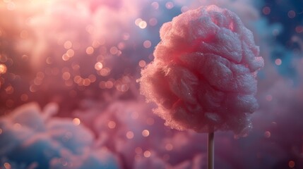 Pink cotton candy glowing on a stick with a sparkly bokeh light background creating a magical and festive atmosphere