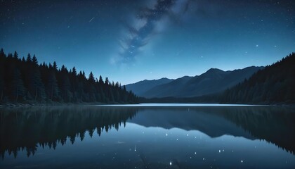 A serene lake reflecting a clear, starry night