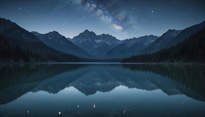 A serene lake reflecting a clear, starry night