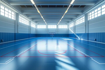 A pristine and well-lit handball court, ready for  competition. The floor is polished and the goals are securely in place.