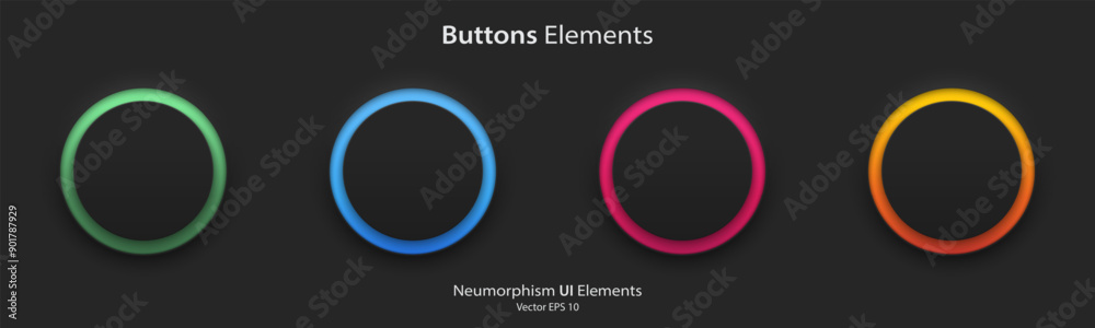 Poster A set of black blank round buttons with light neon colorful. 3D Neumorphism buttons design style for Apps, Websites, Interfaces, and mobile apps. UI UX. Vector illustration.