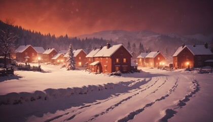 A snowy village in the midst of a blizzard