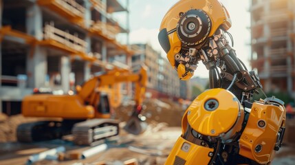 Fototapeta premium A futuristic yellow robot stands on a construction site, with an excavator in the background. The robot's head is tilted down, suggesting contemplation.