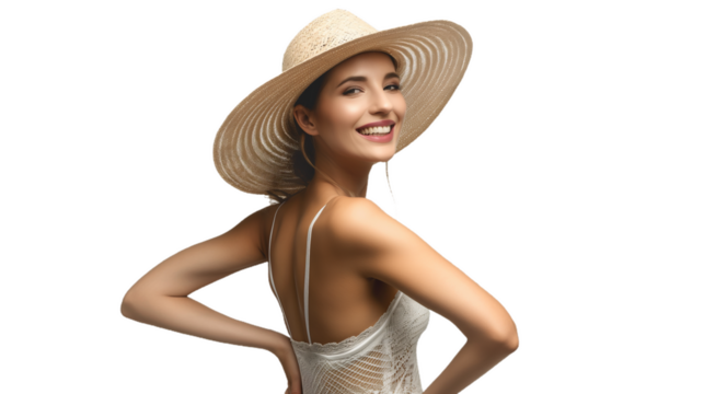 A young Caucasian woman with a radiant smile poses against a clear background, wearing a sundress and wide-brimmed hat, exuding summer vibes.