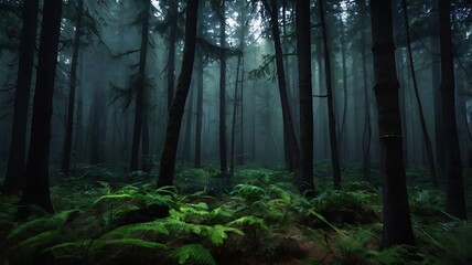 Fototapeta premium Dark forest landscape view, spooky green jungle under shadows of tall trees