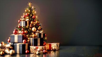 A Christmas tree constructed entirely from gift boxes adorned with gold bows and red baubles glows with twinkling lights against a dark background