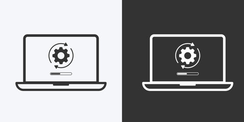 Update icon and upgrade system flat icon isolated on background. System upgrade, and loading process. Installation of application or software. Laptop with gear. Vector illustration.