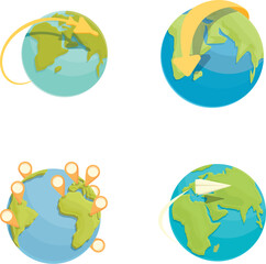 Around world icons set cartoon vector. Plane flies around earth. Travel around world