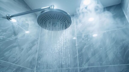 A modern shower head with steaming hot water cascading down. The tiled wall is a backdrop.