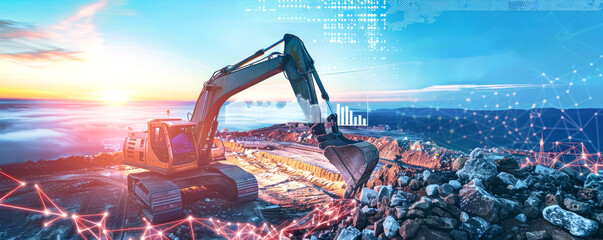 An excavator operates on a construction site with data visualization overlays depicting the site's progress