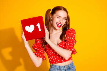 Photo portrait of pretty young girl wink hold heart icon wear trendy red outfit isolated on yellow color background