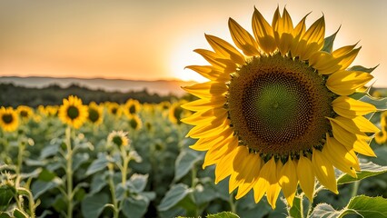 A sunflower is the center of attention in a field of sunflowers