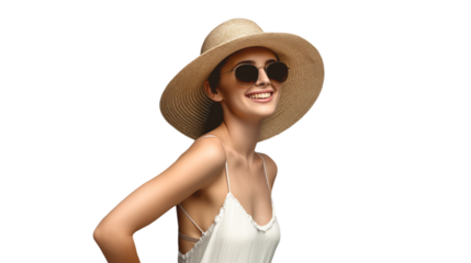 A cheerful young woman of Caucasian descent wearing a wide-brimmed straw hat and sunglasses, exuding summer vibes.