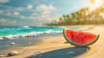 Watermelon slice on a sandy beach with the ocean in the background.