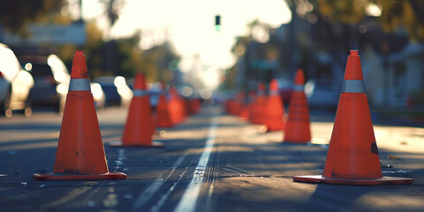 A bright orange cones directs traffic around a roadwork area, ensuring smooth flow and preventing accidents