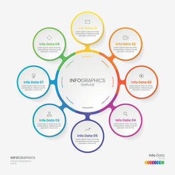 Business minimal Infographics template. 8 steps rounded timeline with options and marketing icons .Vector rounded infographic with eight circle connected elements. Design can be use for presentation.
