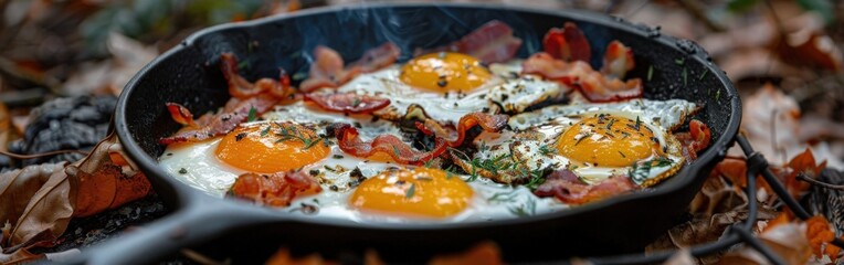 Cast Iron Pan With Sunny Side Up Eggs and Bacon in a Forest Retreat